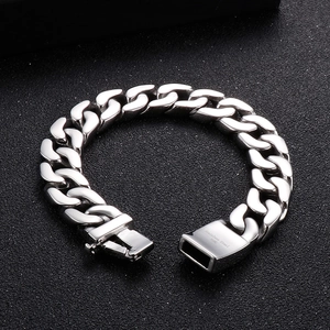 Polished silver 316L stainless steel Cuban link bracelet for men with secure square clasp