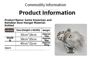 Size chart for knitted Santa door hanger featuring dimensions and weights for various models