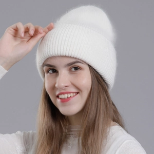 Women Winter Beanie Hat Rabbit Hair Acrylic Blend Warm Soft Fluffy Knitted Cuff Cap Outdoor Cold Weather