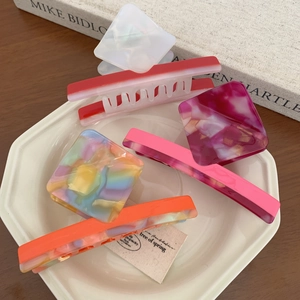 Colorful acetate hair claw clip and long barrette set with marble texture patterns
