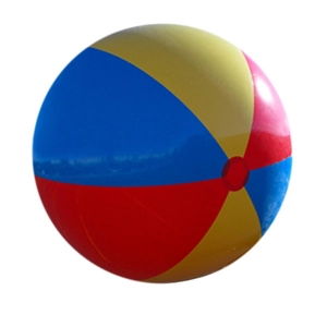 Classic inflatable PVC beach ball in red, blue, and yellow on a white background
