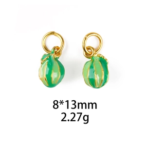 Detail of 3D enamel watermelon charms with green stripes and gold loops for jewelry