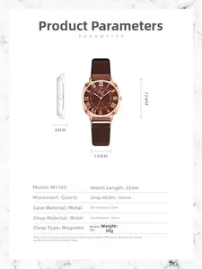 Detail of rose gold Roman numeral watch with magnetic mesh strap and brown sunray dial