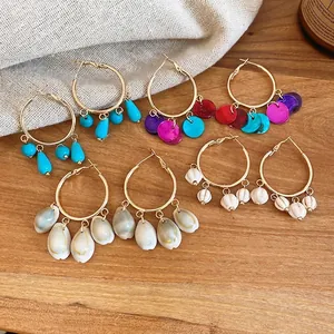 Bohemian Hoop Dangle Earrings With Silver Earring Post Alloy Synthetic Turquoise Shell Beads Ethnic Vintage Style Women