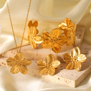 Five Petal Flower Necklace Earrings Bangle Gold Plated Stainless Steel Textured Elegant Trendy Women Jewelry