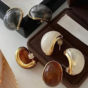 Oval Stud Earrings Resin Marble Texture Vintage Style Gold Plated With 925 Sterling Silver Earring Post For Women
