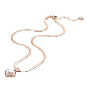 Rose gold snake chain necklace featuring a white pearl heart pendant with Love engraving