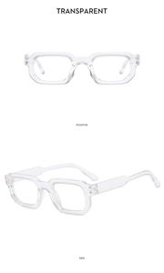 Detailed views of transparent square sunglasses frames showing front and side perspectives