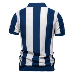 Short sleeve knit striped Polo shirt for men with blue and white vertical patterns