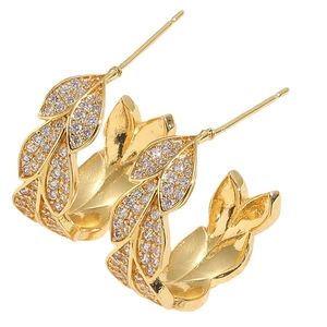 Elegant gold leaf-shaped hoop earrings with sparkling zircon crystals in a C-shaped design