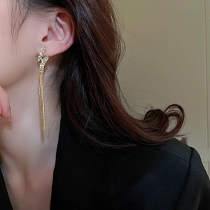 Detail of long gold tassel earrings with shimmering rhinestones worn by a model