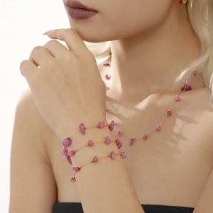 Bohemian pink natural stone layered necklace and bracelet set with gold stainless steel