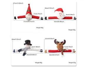 Size chart for Christmas curtain buckles featuring Santa, snowman, reindeer and gnome designs