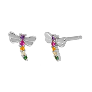 S925 silver needle dragonfly earrings featuring colorful cubic zirconia on white background