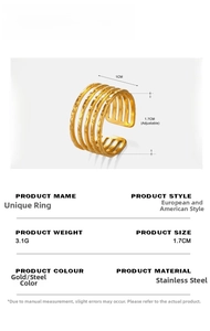 Detailed view of adjustable 5-layer 18K gold plated stainless steel ring with dimensions