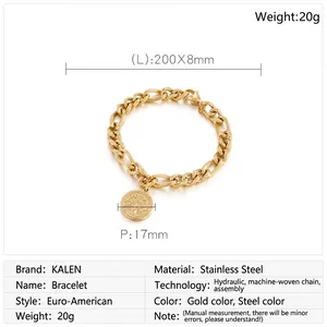 Detailed technical diagram showing 8mm gold stainless steel tree of life coin bracelet