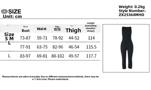 Size guide with measurements for the backless athletic slimming sports jumpsuit