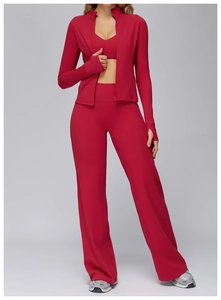 Red 3-piece fitness set with zip jacket, sports bra, and high-waist flared yoga pants