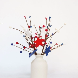 Patriotic July 4th red white and blue star pip berry floral picks in white ceramic vase