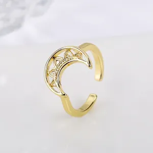 Celestial Moon Sun Gold Plated Zirconia Adjustable Open Ring For Women Elegant Copper Finger Ring Light Luxury Fashion Jewelry