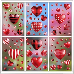 3D heart window stickers set in red plaid and polka dots for Valentine's Day decor