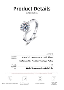 Detail view of 925 sterling silver ring with 1 carat moissanite and six-prong setting