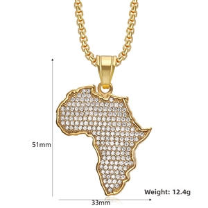 Pendentif carte d'Afrique doré hip hop serti de strass avec détails des dimensions