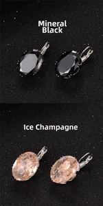 Detail of oval ore black and ice flower champagne cubic zirconia earrings with lever-back