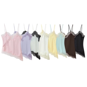 Flat lay stack showing eight colors of lace-trimmed satin camisole tops for women