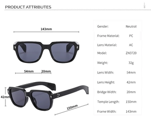 Detailed size specifications and dimensions for vintage square frame sunglasses