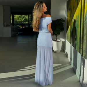 Fashionable light blue off-shoulder crop top and matching chiffon maxi skirt set