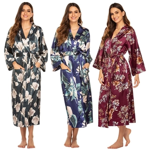 Women Long Satin Kimono Robe Satin Like Floral Patterned Sleepwear V Neck Bathrobe With Waist Tie And Pockets Loungewear