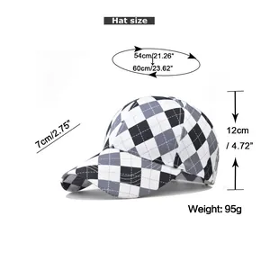 Size guide for diamond pattern baseball cap with dimensions and weight specifications