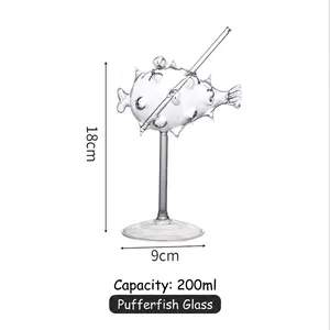 Creative pufferfish shaped glass cocktail goblet with straw and 18cm height stand