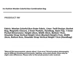 Detailed specifications table for plush bucket bag and handbag with magnetic closure