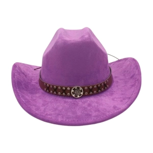 Detail of purple cowboy hat featuring a brown leather strap and vintage metal buckle