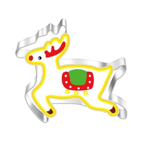 Detail of stainless steel Christmas reindeer cookie cutter with festive colorful icing decor
