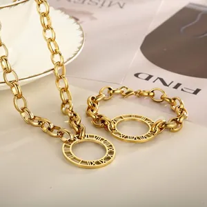 Stainless Steel Necklace And Bracelet For Women Featuring Roman Numeral Cut-out Round Pendant Thick Link Chain Hip Hop