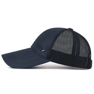 Deep blue breathable mesh baseball cap with long brim and SPORT embroidery for summer sun protection