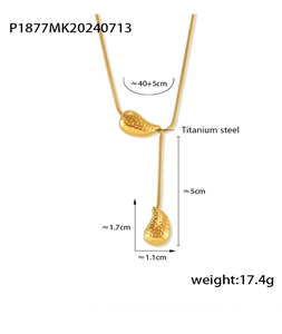 Detail of 18k gold plated titanium steel Y-necklace with textured teardrop pendants