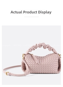 Detail of light pink woven leather bag showing soft texture and pleated scrunchie handle