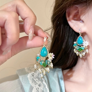 Vintage gold turquoise earrings with floral zircon accents and dangling pearl tassels