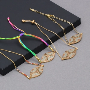 Adjustable evil eye charm bracelets with colorful cubic zirconia in gold plating