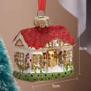 Detailed view of a red glitter house ornament with 6cm by 5cm dimensions for Christmas tree