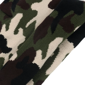 Winter men's camouflage knit beanie featuring thick rib-stitch texture and outdoor style