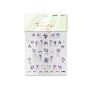 Floral crystal nail stickers with purple iris and bow designs in packaging