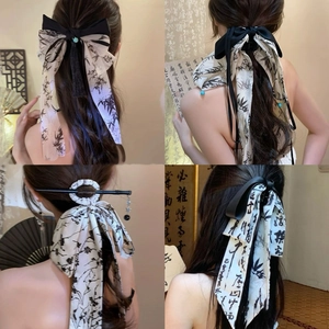 New Chinese Style Bowknot Ribbon Hair Claw Clip Ink Painting Bamboo Calligraphy Elegant Satin Fabric Shark Clip With Tassel