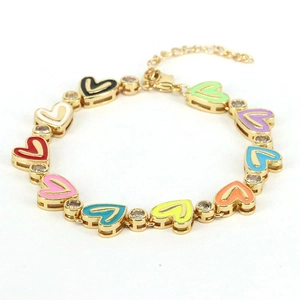 Bohemian colorful heart enamel bracelet with sparkling zircon accents and gold plating