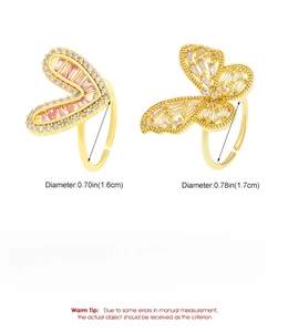 Detail showing gold-plated butterfly and heart rings with crystal diameter measurements
