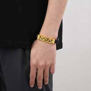 Men's hip hop braided leather bracelet with gold stainless steel chain link clasp